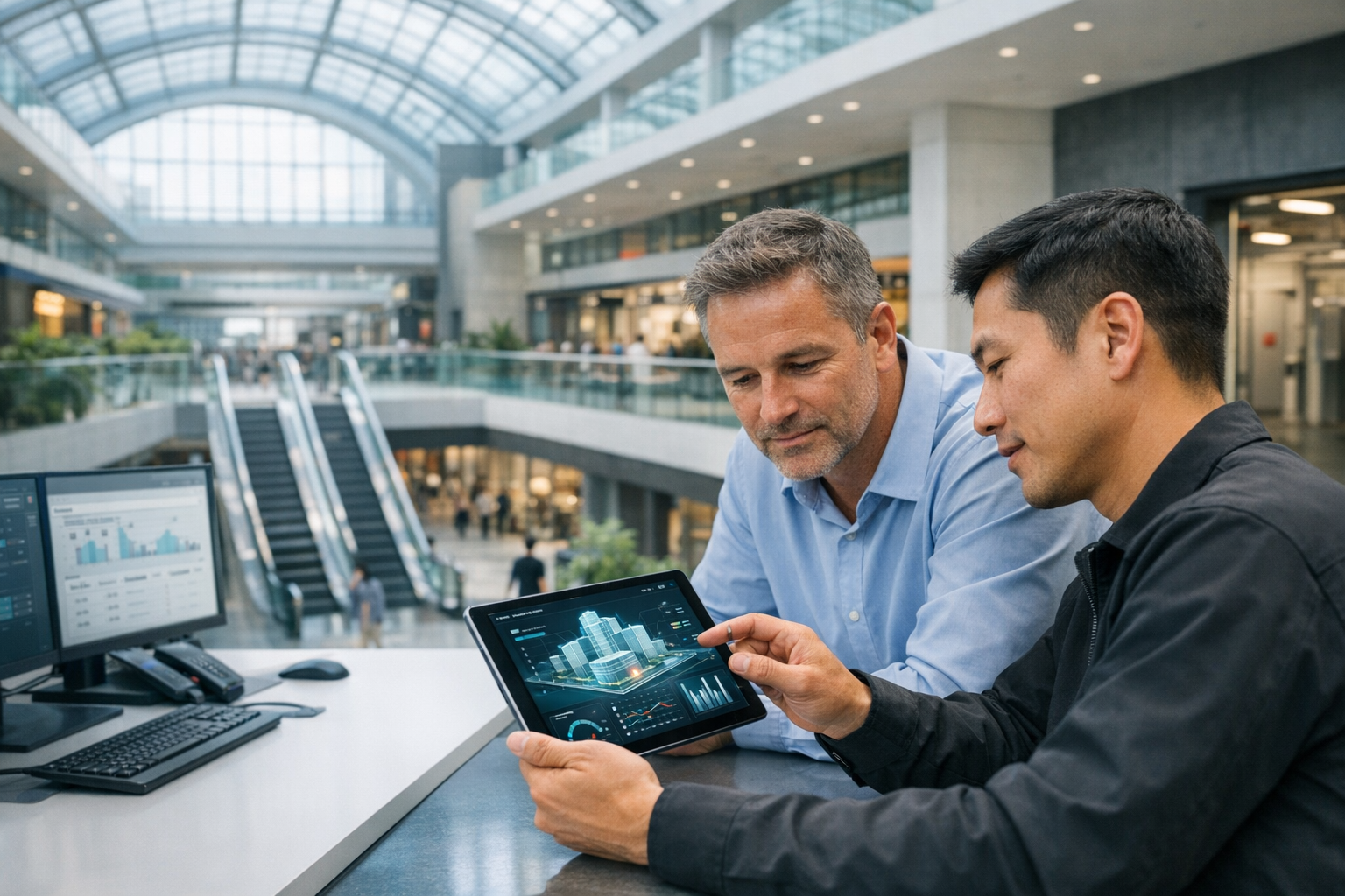Specjaliści analizują model dużego obiektu na tablecie w nowoczesnym centrum handlowym